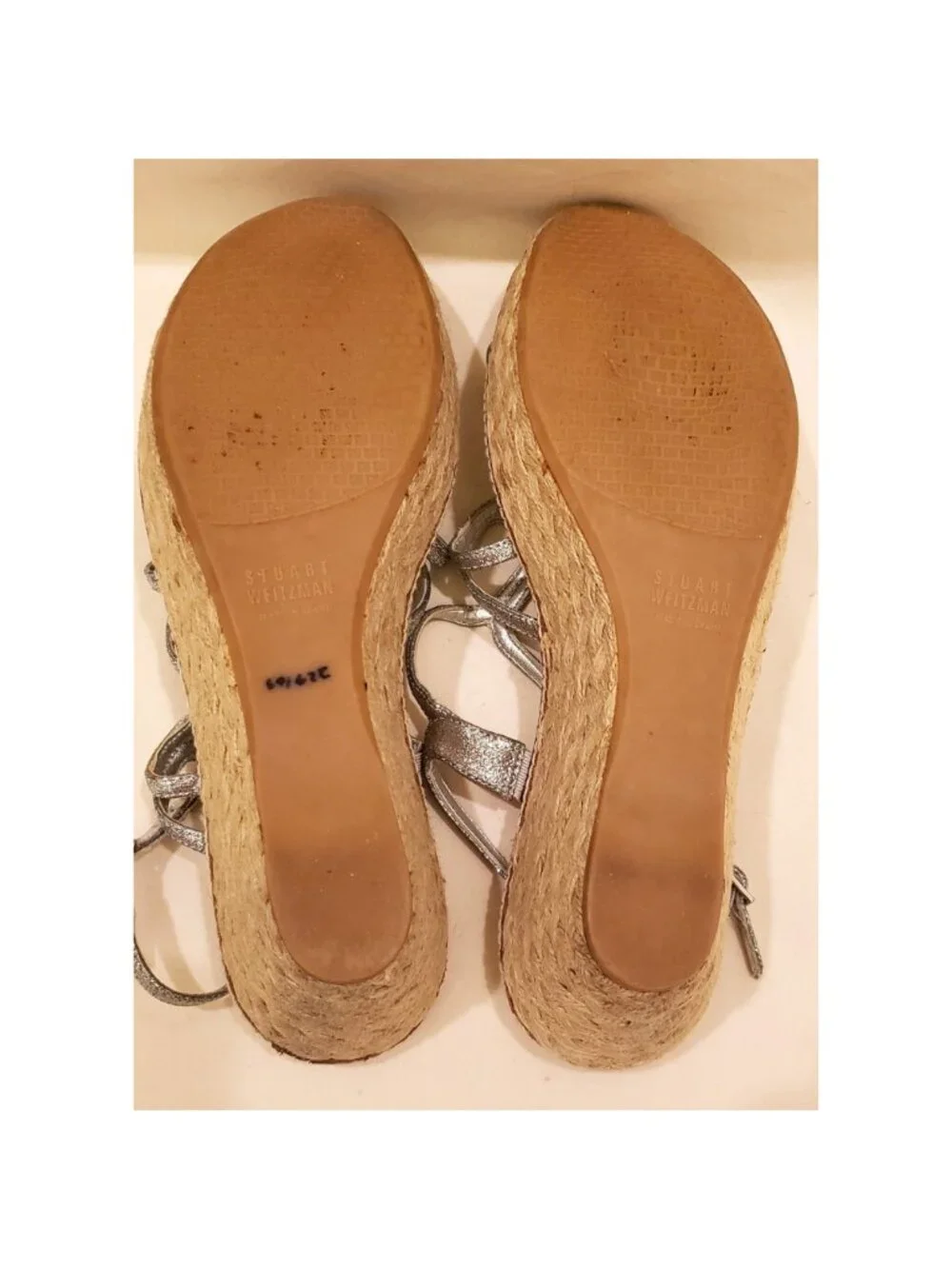 Stuart Weitzman Espadrille Wedge Strappy Sandals Size 10M Silver Glitter Leather